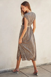 Gold foiled cap sleeve maxi dress with brown and white stripes and silver heels