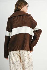 Brown and white striped long sleeve sweater with neck zip front