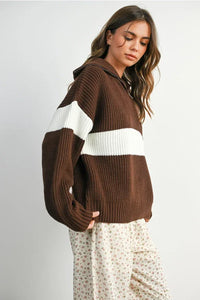 Brown and white striped long sleeve neck zip sweater with ribbed texture