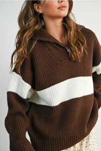 Brown and white striped ribbed long sleeve sweater with neck zip front