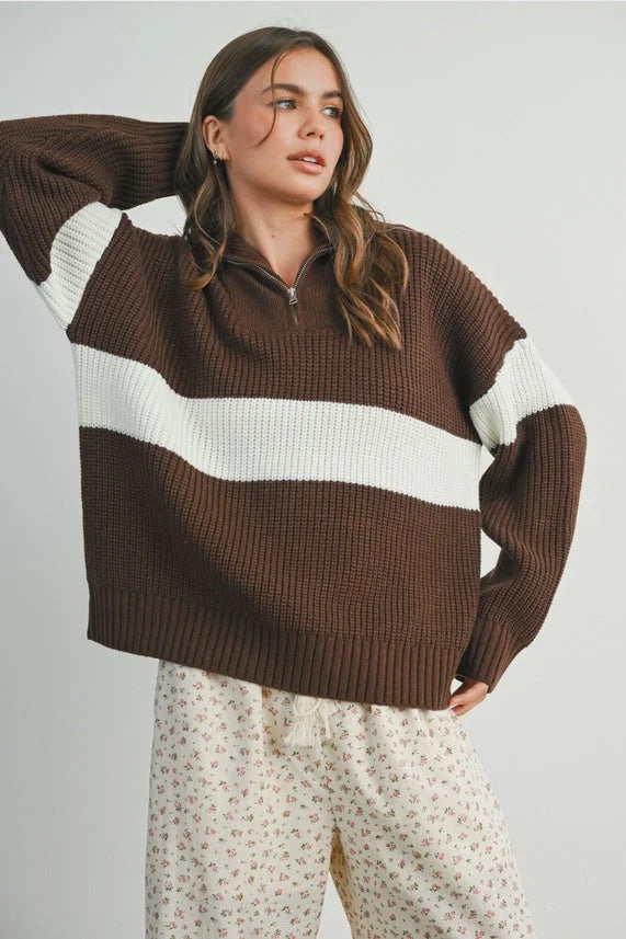 Brown and white striped ribbed long sleeve sweater with neck zip