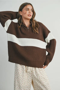 Brown and white striped ribbed long sleeve sweater with neck zip