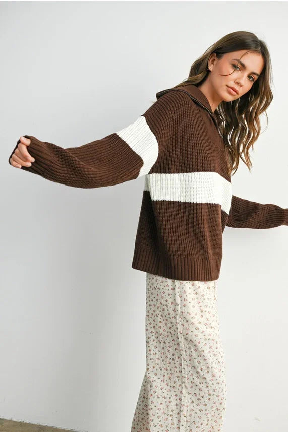 Brown and white striped long sleeve sweater with neck zip