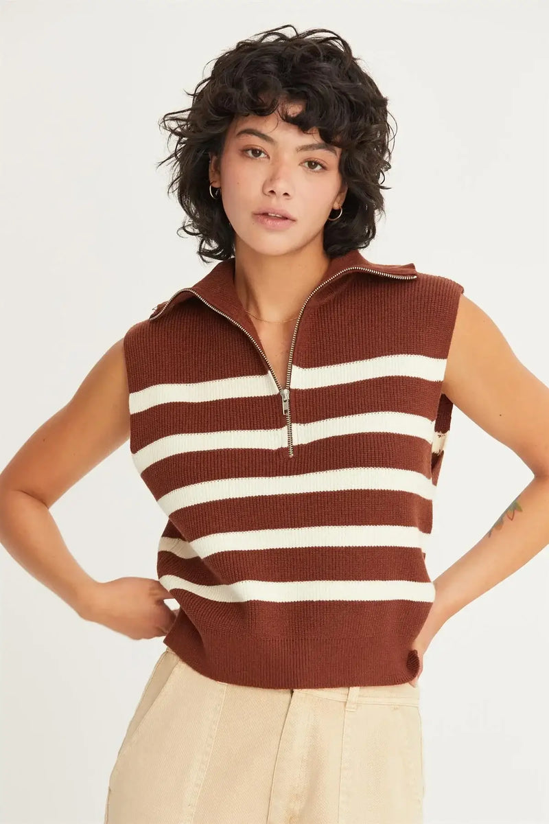 Brown and white striped sleeveless zip-up sweater vest for women’s boho chic clothing