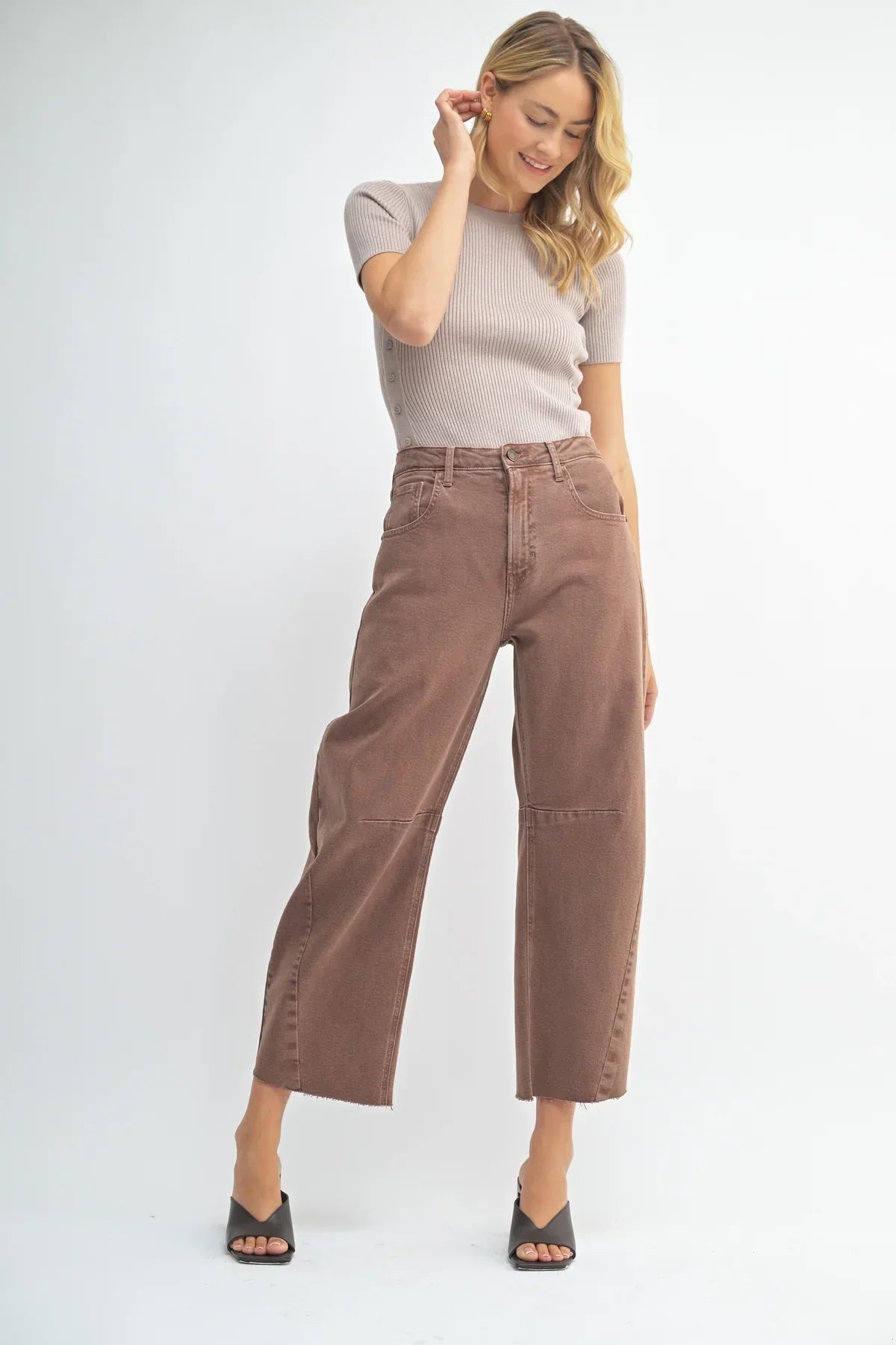 Brown wide-leg denim jeans with knee patches from THE SEAMED BARREL WILD LEG DENIM JEANS