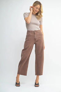 Brown wide-leg denim jeans with knee patches from THE SEAMED BARREL WILD LEG DENIM JEANS