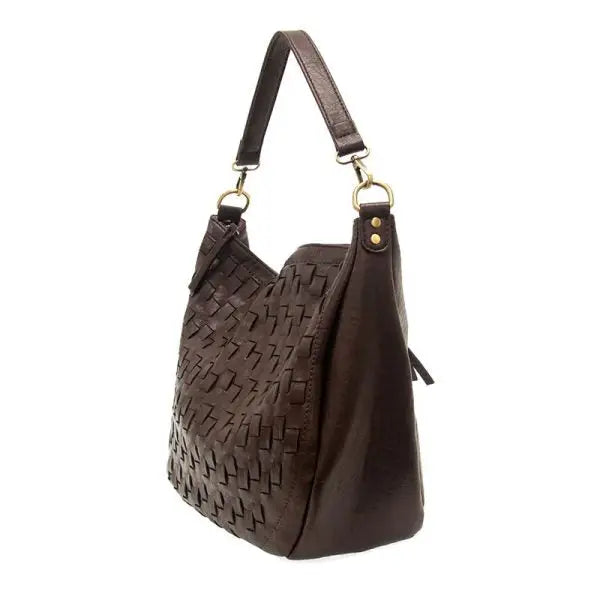 Brown woven leather shoulder bag with a stylish short shoulder strap, KALI WOVEN SLOUCHY HOBO