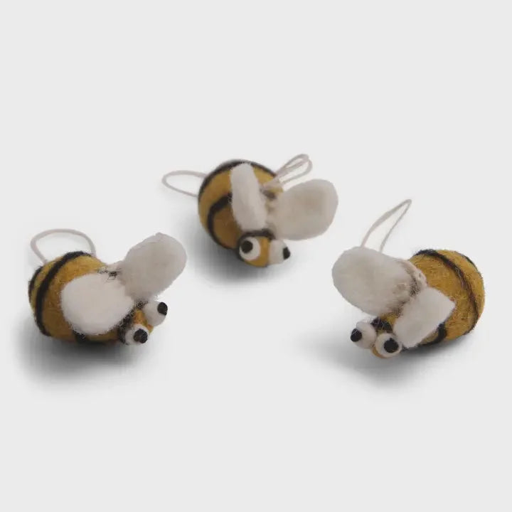 Handmade bee ornament: bumblebee earrings with black-yellow stripes, white wings, silver hooks