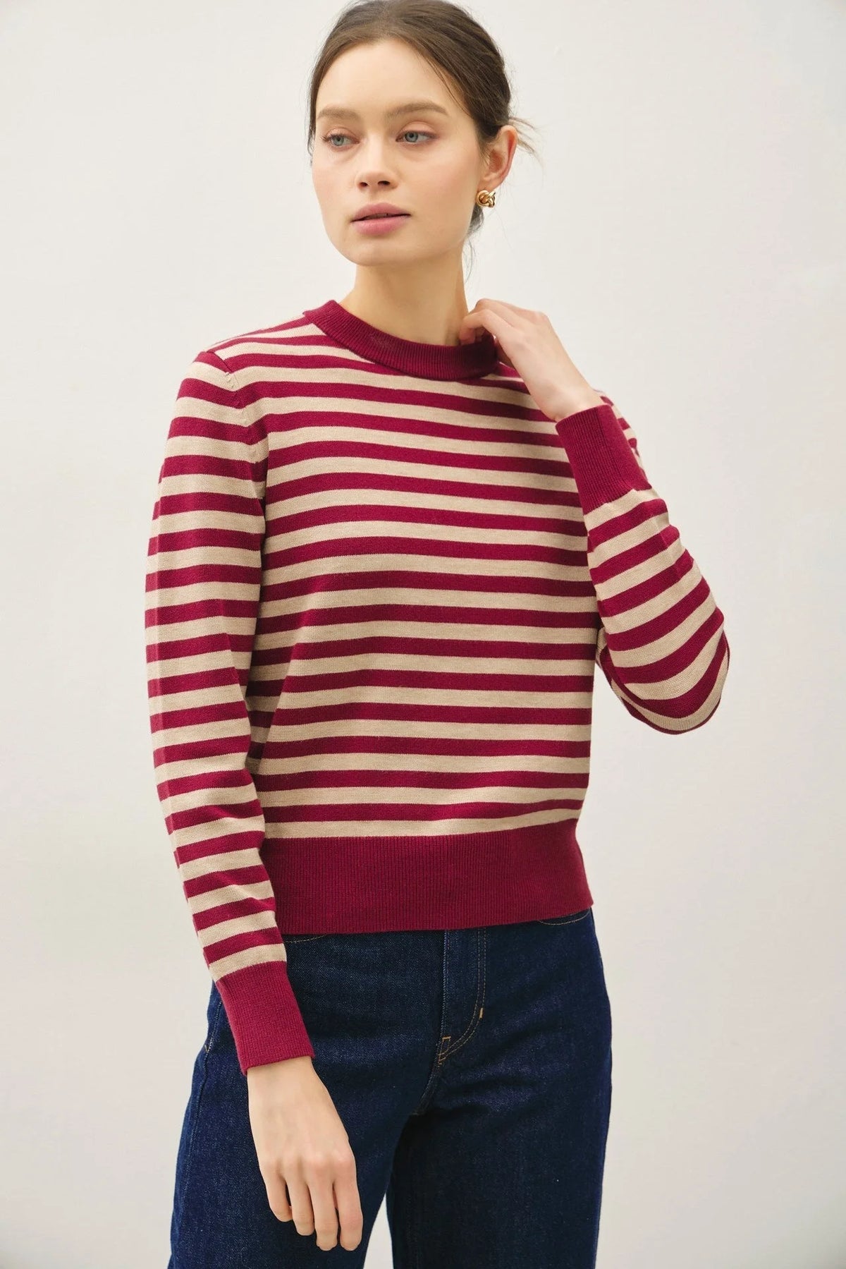Classic stripe cropped sweater in burgundy and beige striped crewneck design