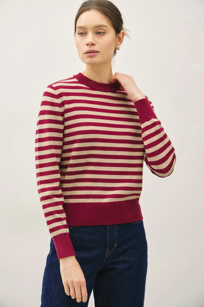 Classic stripe cropped sweater in burgundy and beige striped crewneck design