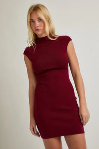 Burgundy mock neck sleeveless mini dress with cap sleeves