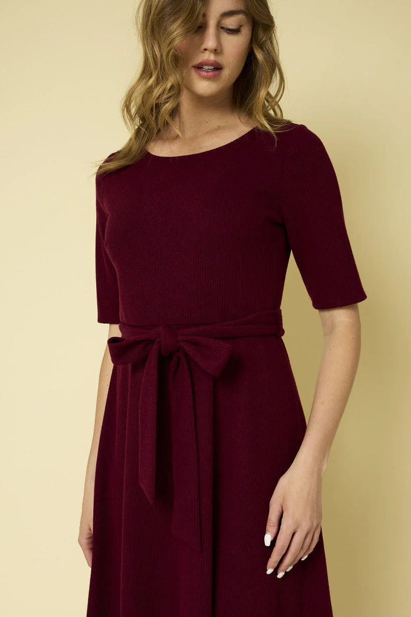 Burgundy knee-length midi dress with short sleeves and tie waist from Shop Daisy