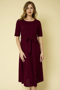 Burgundy knee-length HALF SLEEVE ROUND NECK MIDI DRESS for women’s boho chic clothing