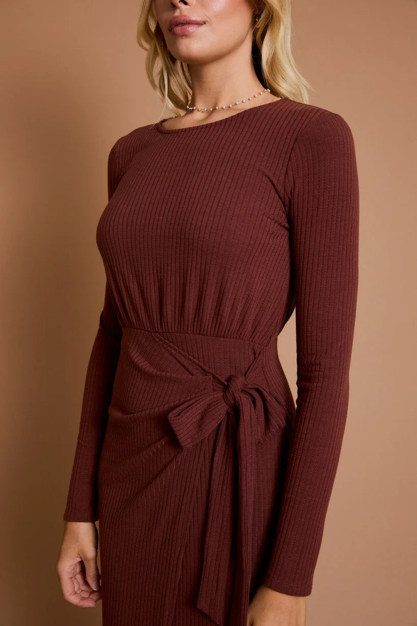 Burgundy knit dress with tied waist and long sleeves from Shop Daisy’s women’s boho chic clothing