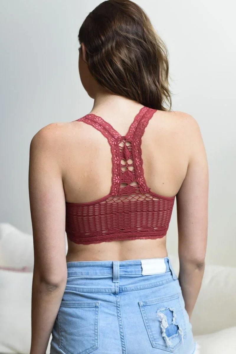 Burgundy lace trim bralette featuring a seamless lace trim and intricate crochet detailing