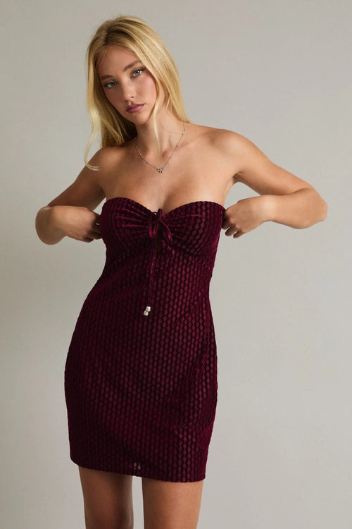 Burgundy lace strapless velvet mini dress with sweetheart neckline