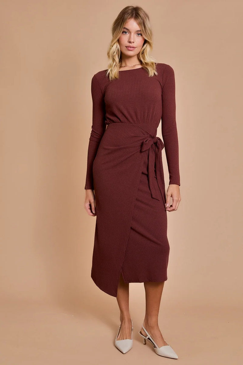 Burgundy long-sleeved midi dress with tie waist from Shop Daisy, ideal for women’s boho chic clothing