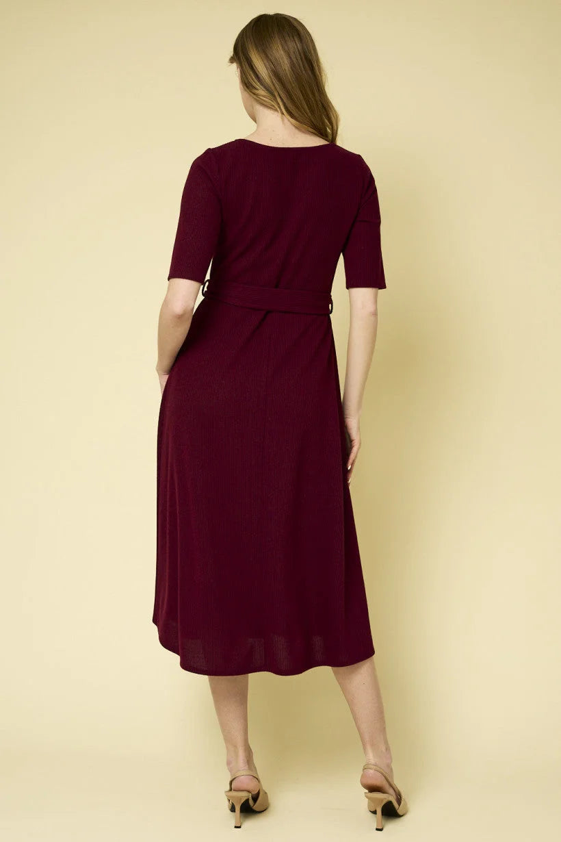 Burgundy midi dress with short sleeves showcased on a model from the back for Shop Daisy