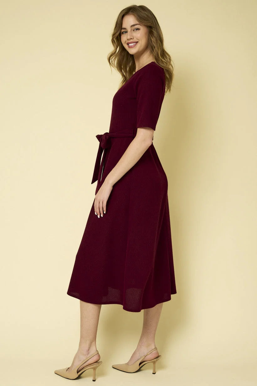 Burgundy midi dress with elbow-length sleeves and tie waist for women’s boho chic clothing