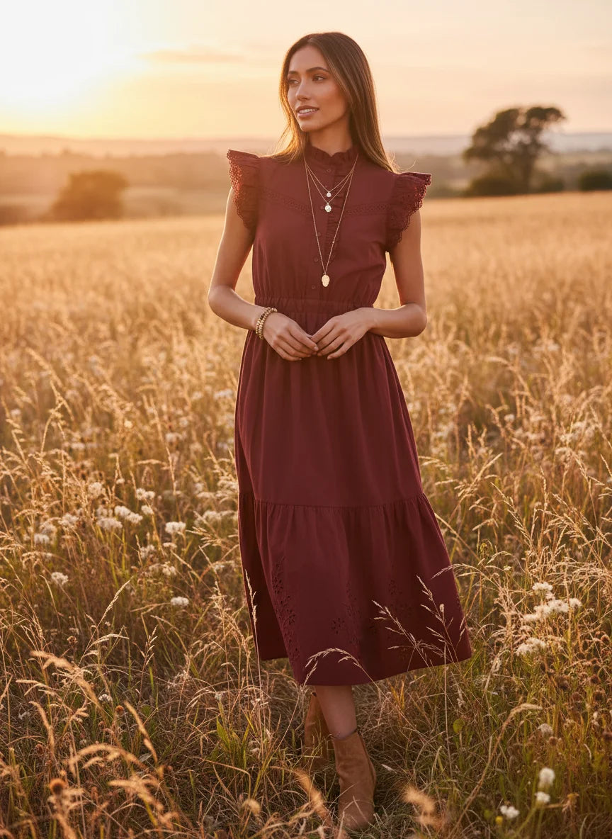 Burgundy LOST + WANDER ARTISTA AURA MIDI DRESS with ruffled cap sleeves and high neckline