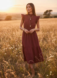 Burgundy LOST + WANDER ARTISTA AURA MIDI DRESS with ruffled cap sleeves and high neckline