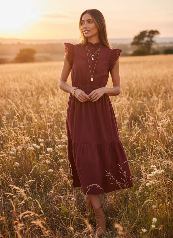 Burgundy LOST + WANDER ARTISTA AURA MIDI DRESS with ruffled cap sleeves and high neckline