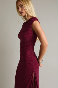 Burgundy off-shoulder ruching detail mesh midi dress with cap sleeves and side slit