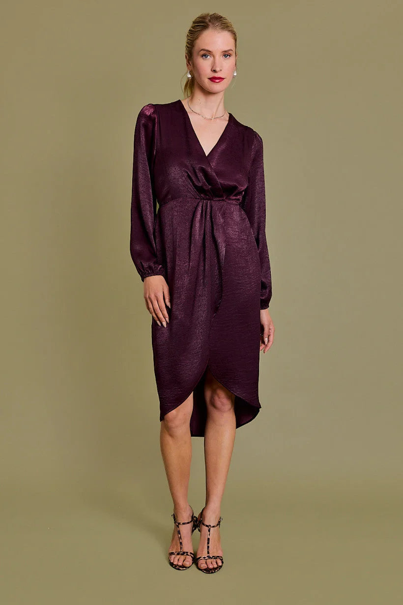 Burgundy satin long sleeve surplice midi dress, perfect as a formal dinner dress