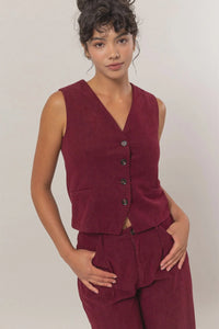 Burgundy sleeveless button-up vest with v-neckline for women’s boho chic clothing