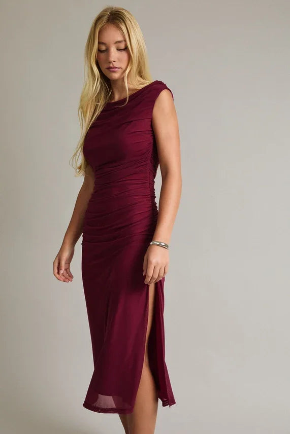 Burgundy off-shoulder ruching detail mesh midi dress with high slit