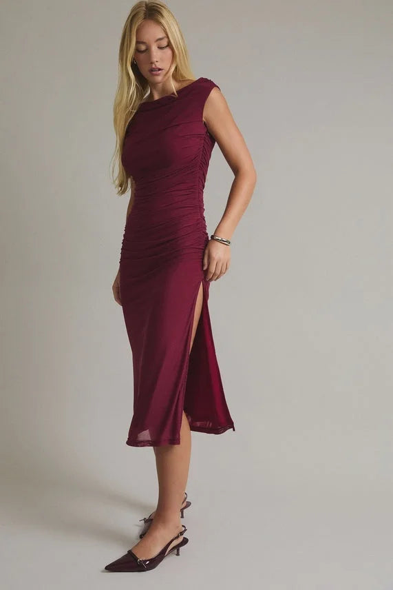 Burgundy off-shoulder ruching mesh midi dress with high slit