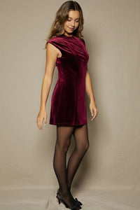 Adorned Virtue velvet mini dress in burgundy with draped neckline