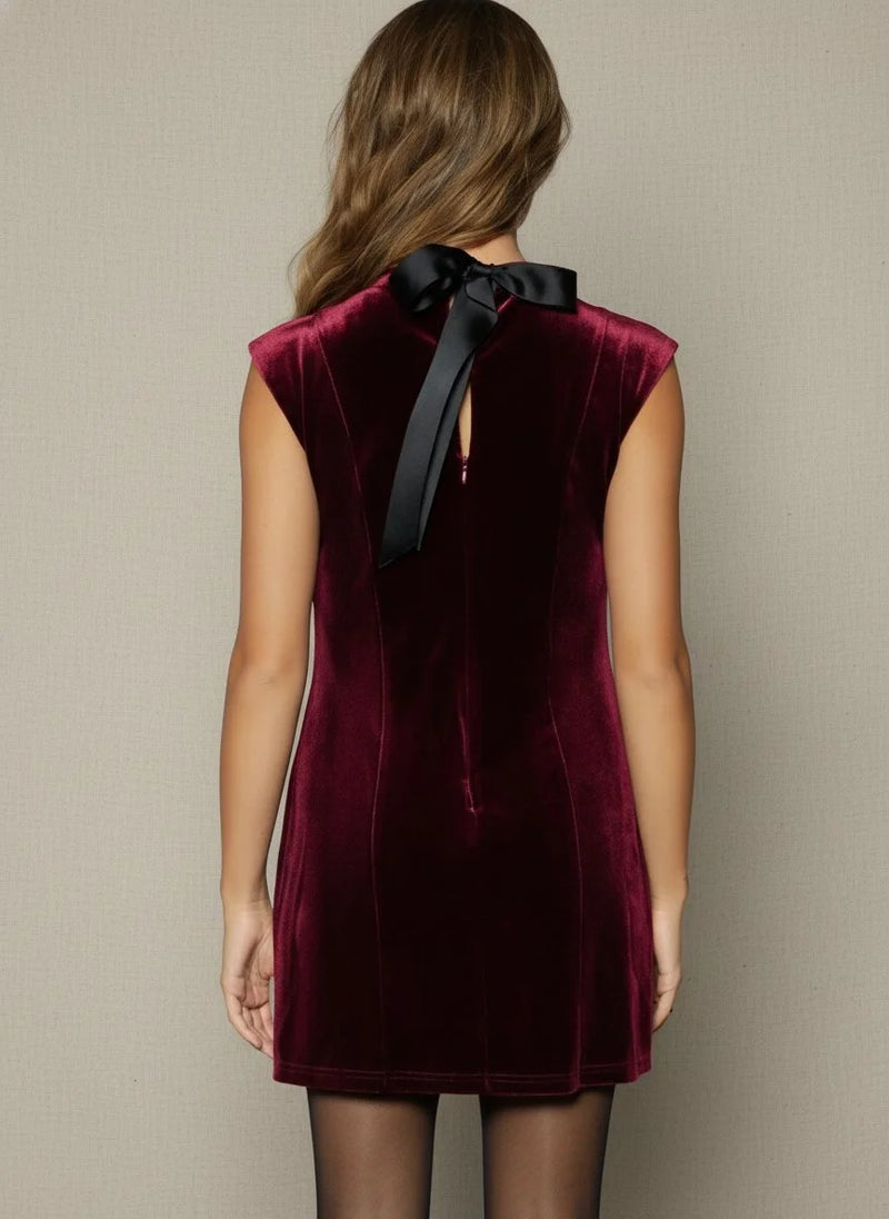 Lost + Wander Adorned Virtue burgundy velvet mini dress with black bow