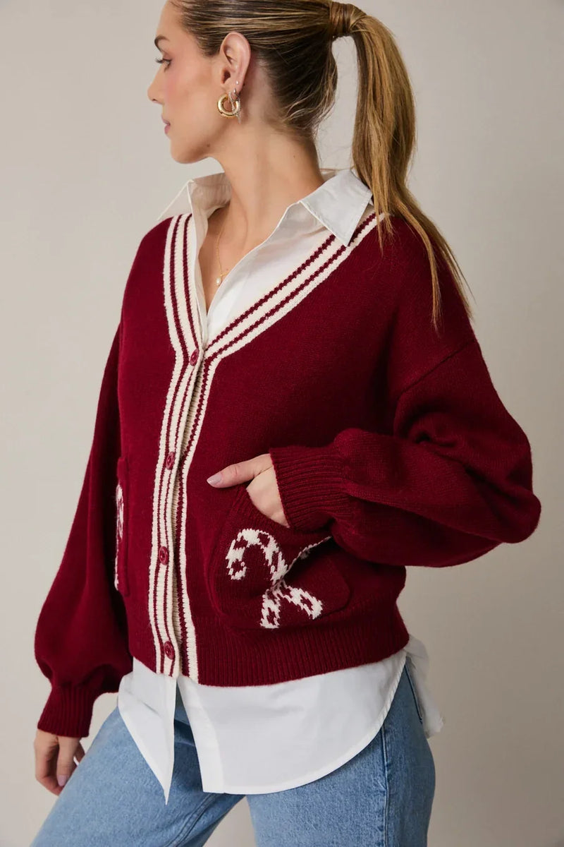 Burgundy and white candy cane graphic cardigan with puff sleeves