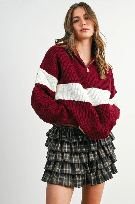Burgundy and white striped long sleeve sweater with neck zip front