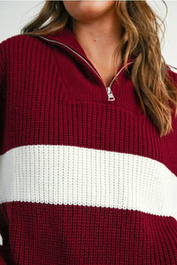 Burgundy and white striped long sleeve neck zip sweater