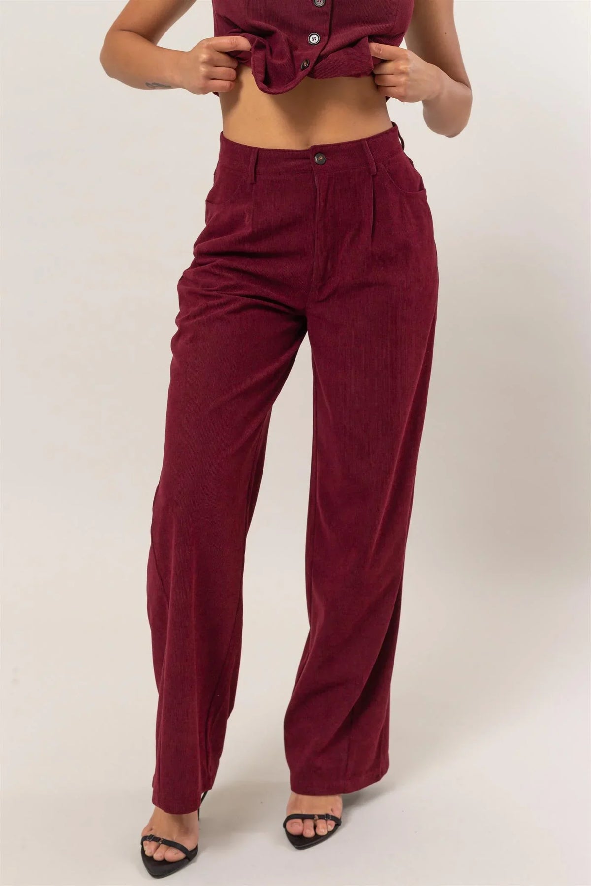 Burgundy wide-leg corduroy pants with pleats and pockets from Shop Daisy for women’s boho chic clothing