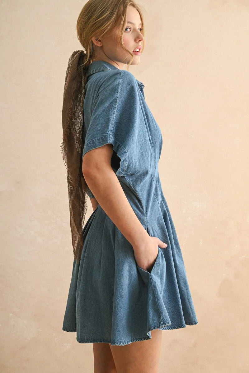 Denim mini dress with button front and pleat detail, chambray denim mini style