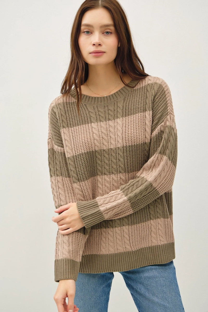 Cable knit crew neck sweater featuring wide horizontal stripes in olive green and beige