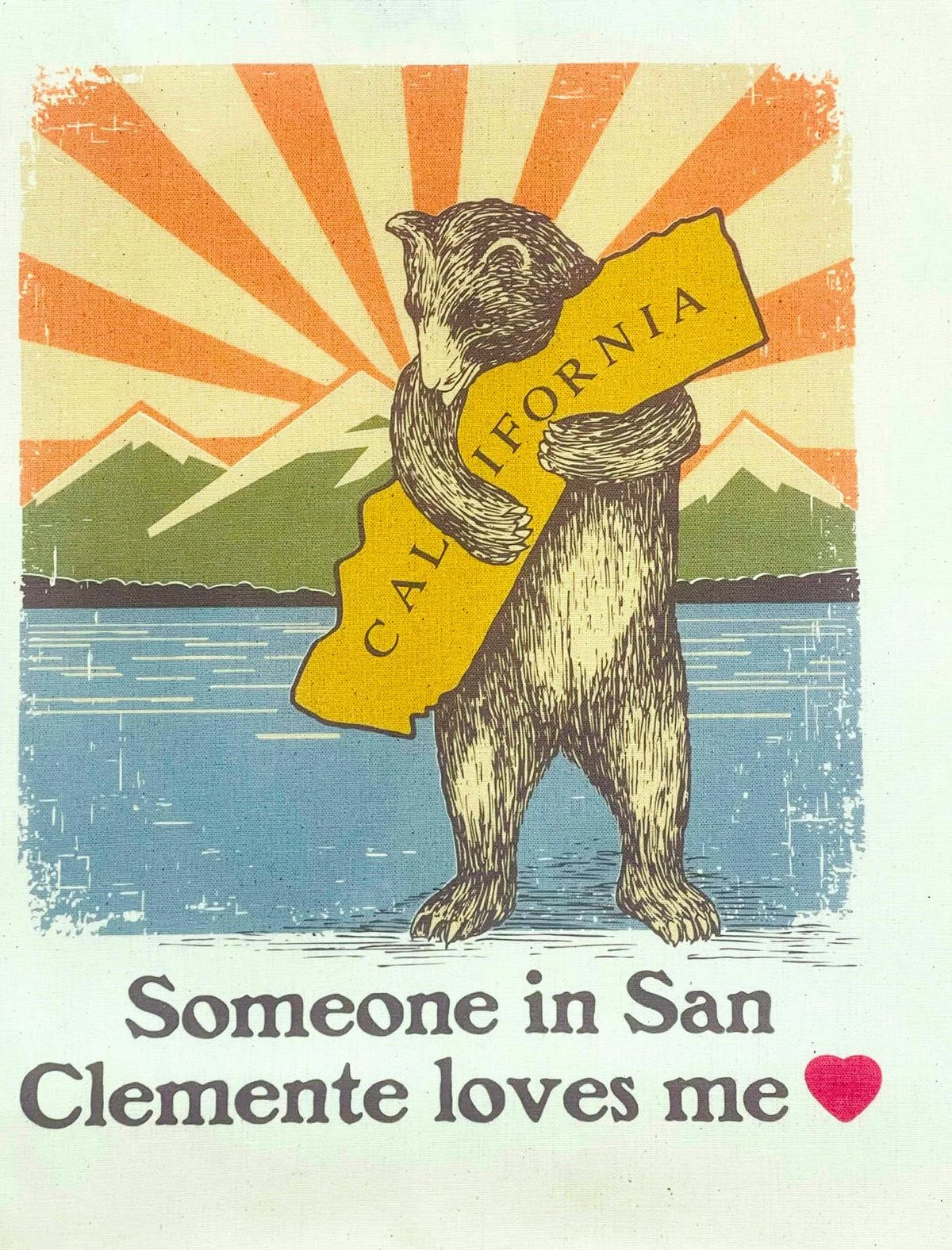 California bear hug design on SAN CLEMENTE CANVAS TOTE BAG showing durable canvas tote bag style