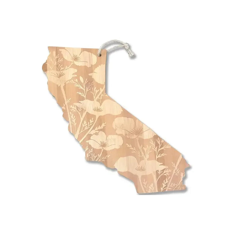 California-shaped wooden cutting board with California poppy etched floral design