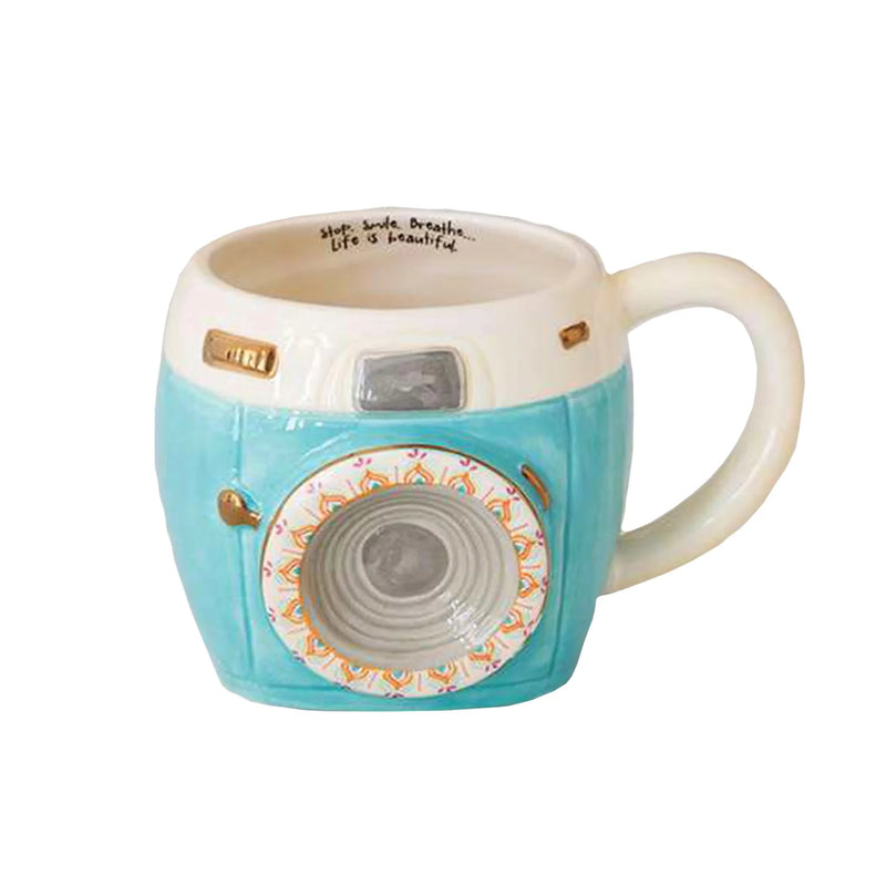 Camera Folk Mug featuring a camera-shaped design against a white background