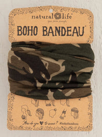 OLIVE CAMO BOHO BANDEAU headwrap featuring a brown and black logo on camo design