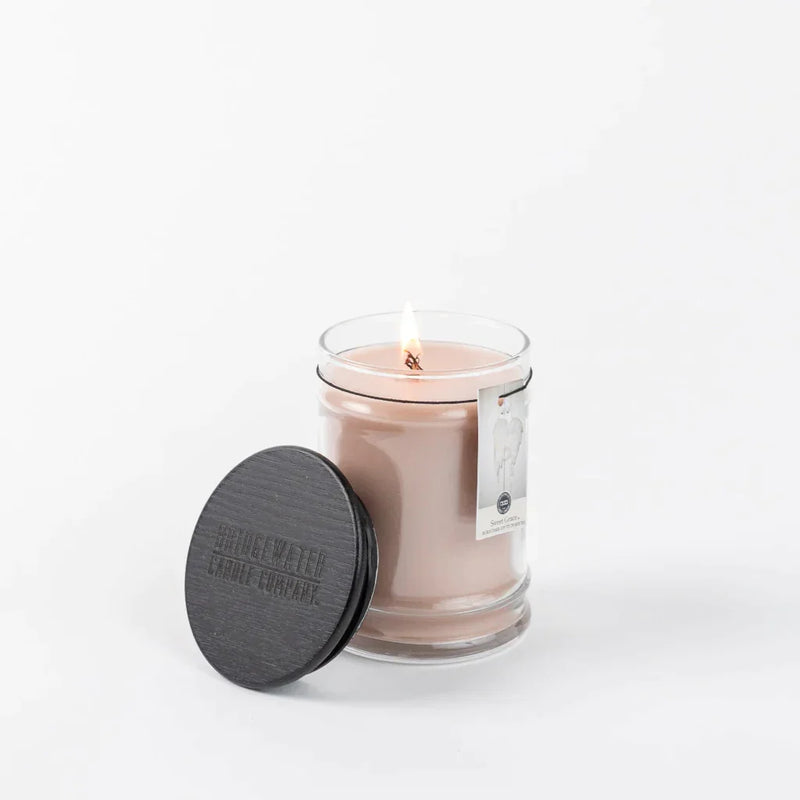 Sweet Grace Candle with black lid on white background, best seller soy wax blend jar