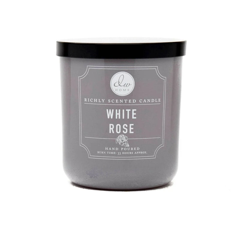 Candle with black lid and white label for Daisy Lane White Rose Candle collection