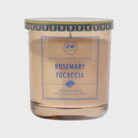 Candle with blue and yellow design of Rosemary Focaccia Candle with sea salt scent