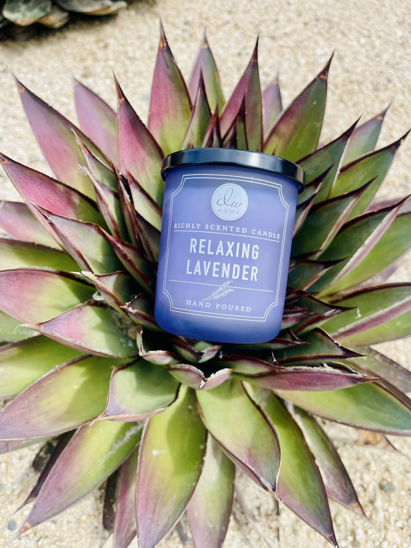 Lavender Mini Candle with Purple Flower Center in Boho Chic Design for Relaxation