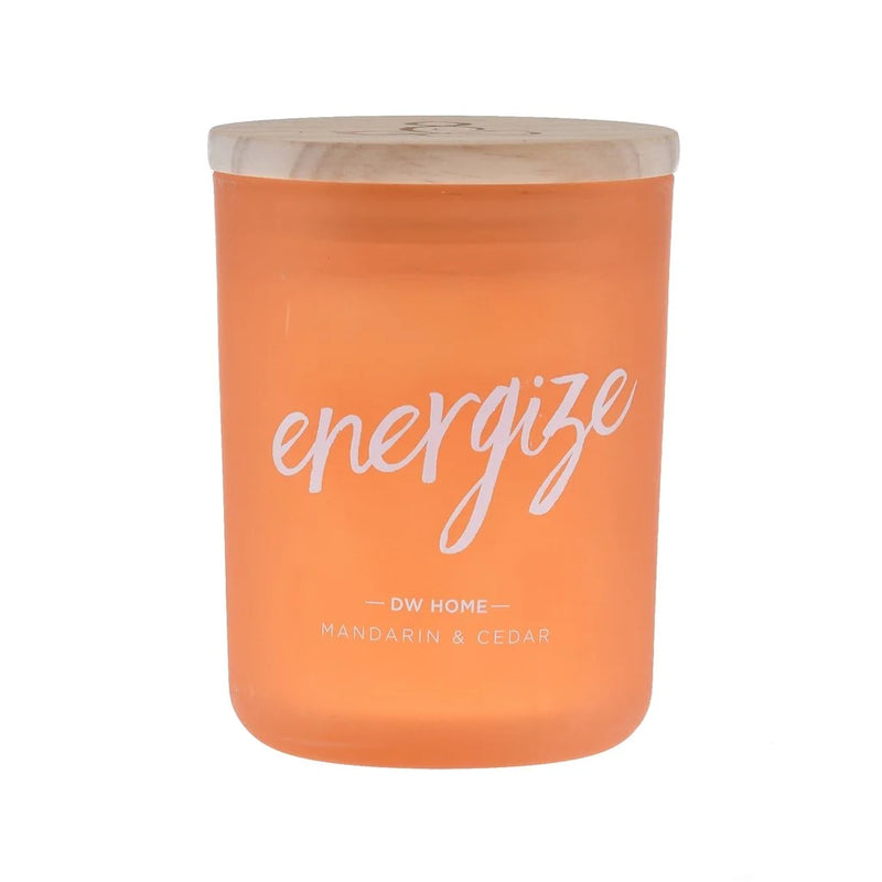 Energize Candle featuring sweet scents and fresh cedar, showcasing the word EGI