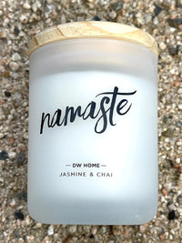 Namaste Jasmine & Chai Mini Candle featuring the word name elegantly displayed