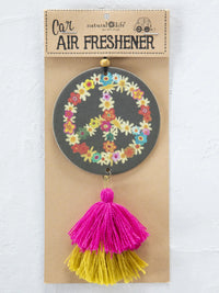 Car Air Freshener with Boho Floral Peace Sign Design and Bright Pink Yellow Tassels